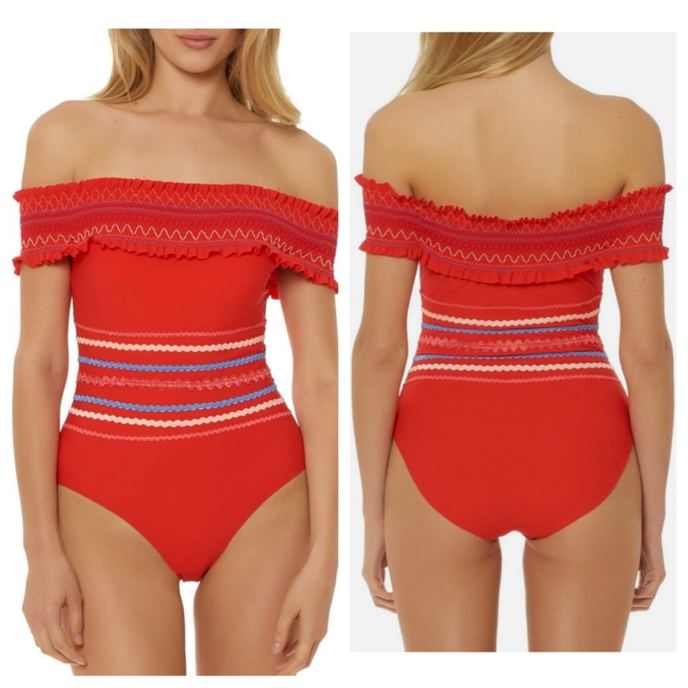 NWT! Red Carter Smocked Off-the-Shoulder One-Piece Embroidered Swimsuit Red
